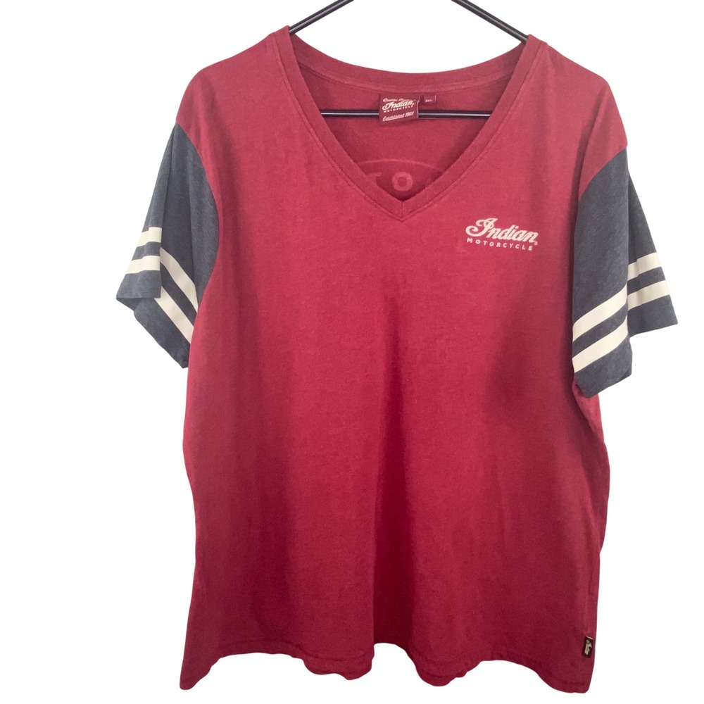 Indian Motorcycle‎ V Neck T Shirt Womens 3XL Red Stripe Sleeve Relaxed Biker